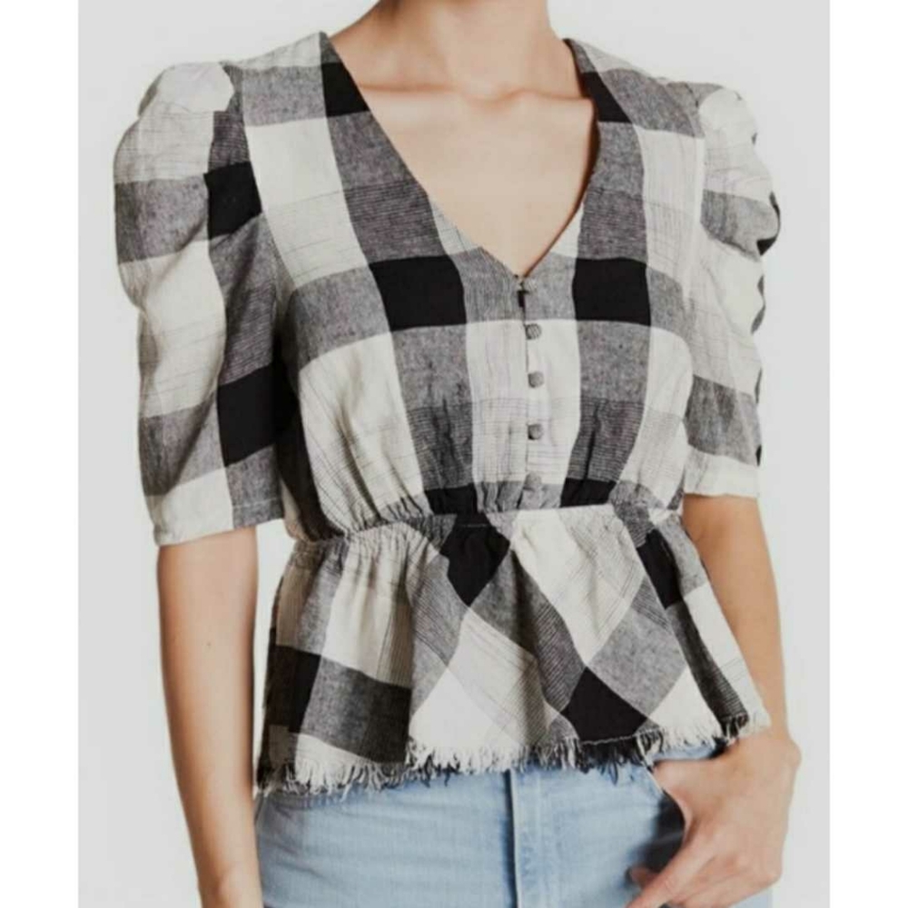 Moon River Buffalo Plaid Top Shirt Black White Linen Peplum Button Puff Sleeve